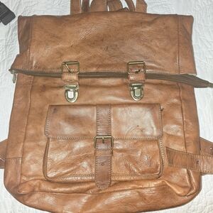 Tan Leather Men's Backpack with Buckle Closures